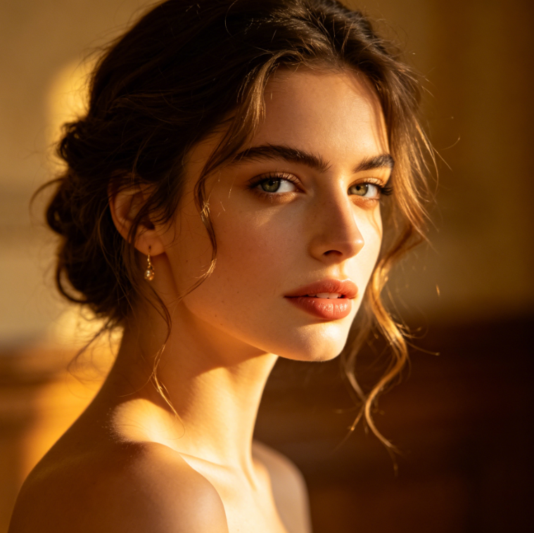 Vintage-style warm light half-body portrait of a European woman, atmospheric photography with naturally refined jawline, soft and non-stiff lines, preserved vintage lighting and overall style, balanced and beautiful face shape