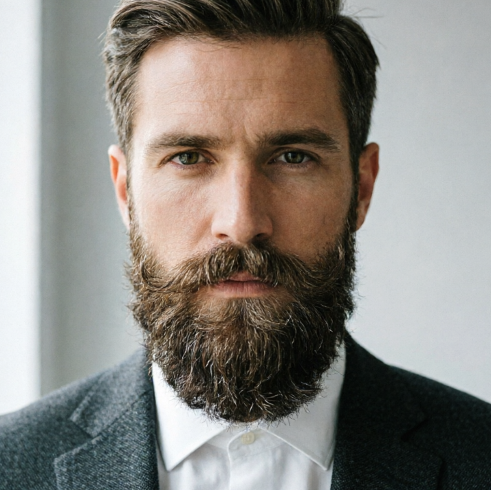 Frontal portrait of a European man in business suit under natural indoor light, with thick full beard, rich hair texture, natural color gradient, harmonizing with facial lighting, mature and stable style, high-definition realistic portrait
