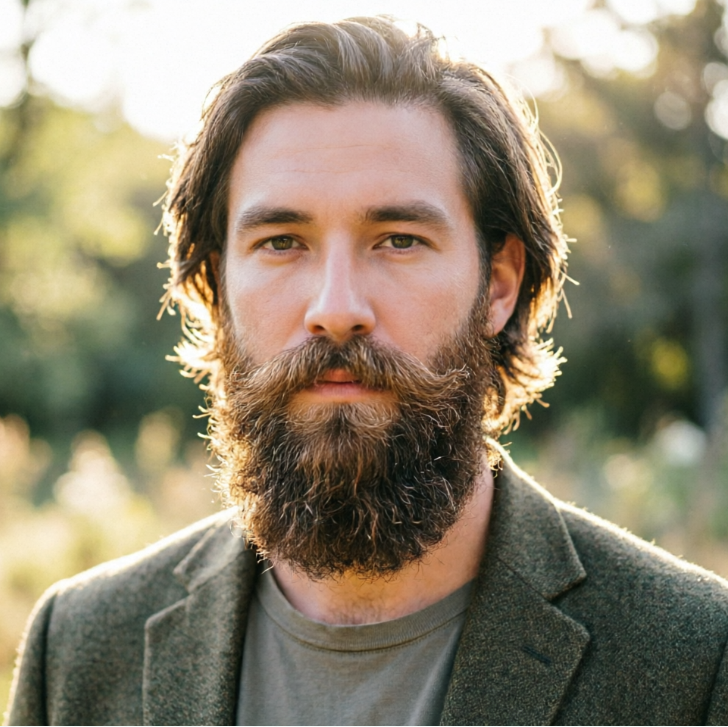 Frontal portrait of a European man in casual blazer under outdoor backlight, with thick full beard, hair with layered translucency in backlight, shape following jawline naturally, soft and natural color, high-definition portrait