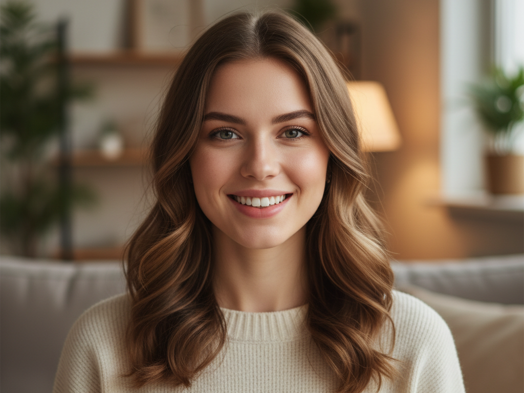 Frontal half-body portrait of a European woman in a cozy home setting with warm indoor light, wearing a casual knit sweater and smiling naturally, clean teeth without braces, original high-definition portrait