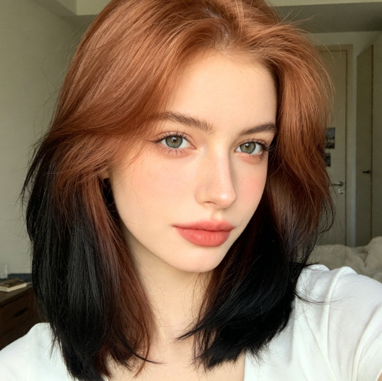 Casual home selfie of a European woman at eye level, relaxed vibe with shoulder-length hair, light strawberry blonde hair that brightens skin tone, soft and natural hair texture, natural black hair recolored effect, paired with everyday light makeup, authentic lifestyle portrait