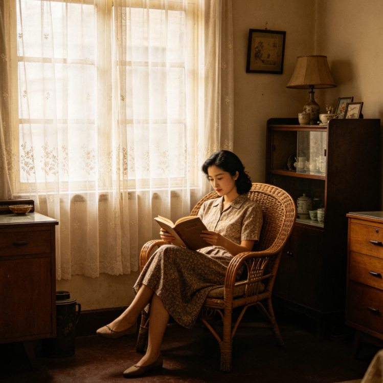 1980s nostalgic indoor lifestyle portrait of a woman reading by the window, low-brightness warm brown tones, fine film grain, soft focus with reduced sharpness, creating a vintage home photo atmosphere
