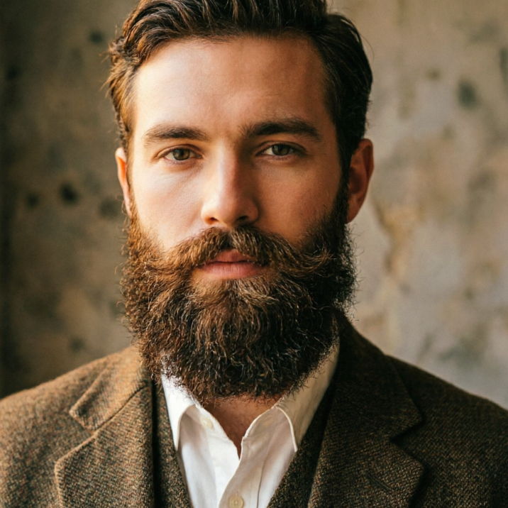 Frontal portrait of a European man in vintage tweed suit under warm indoor light, with thick full beard with gold-red undertones, shiny and full hair texture, harmonizing with vintage style, high-definition fashion portrait