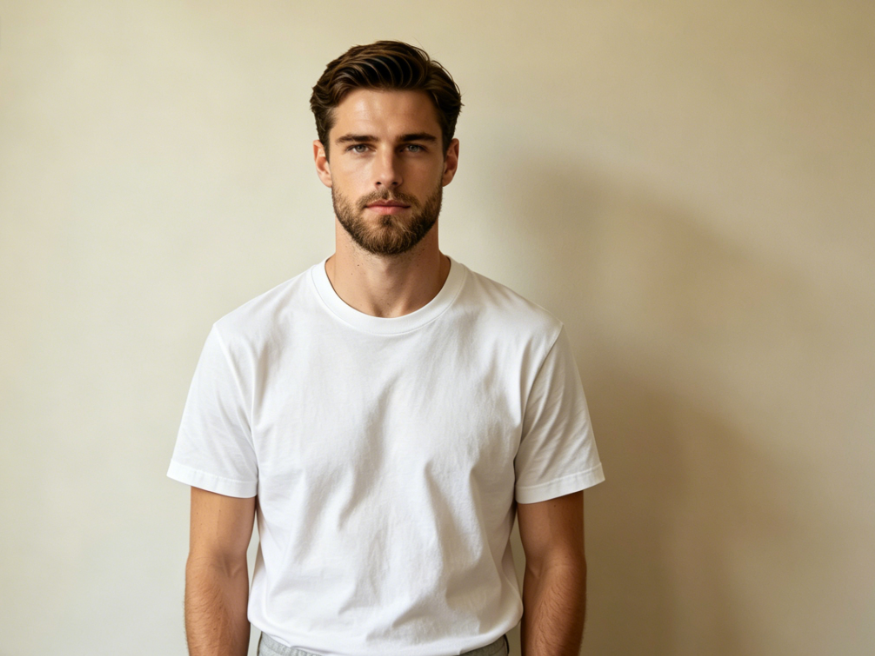 Half-body portrait of a European man with soft indoor lighting, casual outfit with added classic full beard, natural hair texture, soft color gradient in beard, perfectly matched with facial lighting, realistic and harmonious overall effect, high-definition realistic portrait, 4:3 aspect ratio