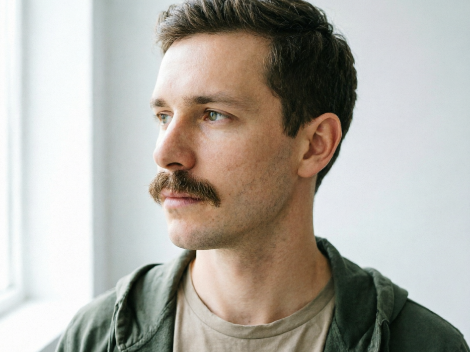 Profile close-up of a European man, natural light by indoor window, short hair with added handlebar mustache, natural hair texture, shape perfectly aligned with lip line, lighting follows facial contours seamlessly, no obvious retouching traces, high-definition portrait, 4:3 aspect ratio