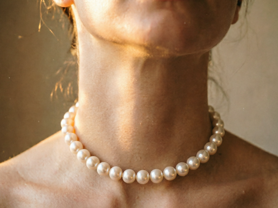 Close-up of a woman's neck under warm indoor light, wearing a single-strand pearl choker necklace with round, lustrous pearls fitting the neck curve, soft warm glow harmonizing with the lighting, high-definition portrait, 4:3 aspect ratio