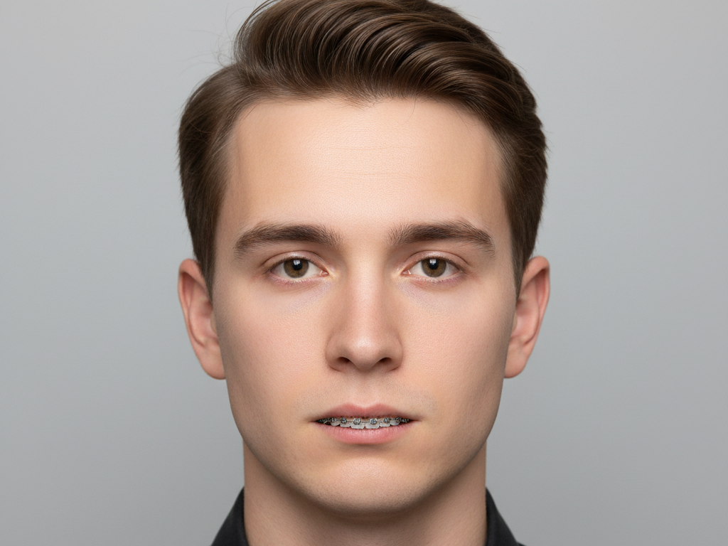 Frontal portrait of a European man under studio soft light, formal look with neutral expression, with minimalist metal braces that have small, discreet brackets fitting the dental arch, suitable for formal portraits, high-definition portrait, 4:3 aspect ratio