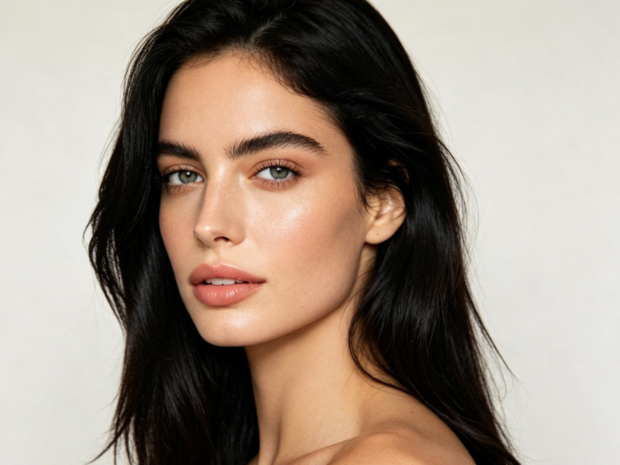Close-up portrait of a young Caucasian woman with long natural black hair, light green eyes, and fair skin, wearing natural makeup, under soft studio lighting, 4:3 ratio, high-definition photo.