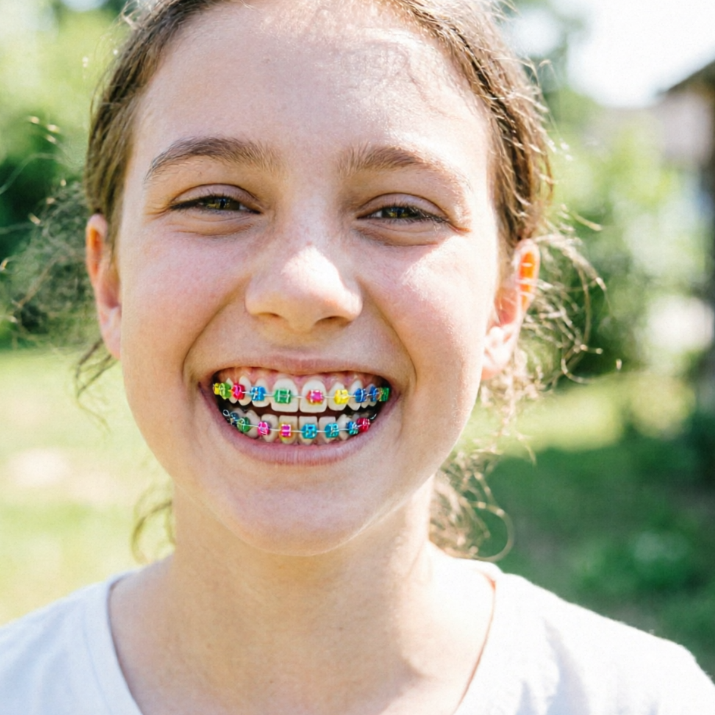 Frontal portrait of a European teenage girl laughing outdoors in sunlight, wearing colorful decorative metal braces with bright multi-colored rubber bands, sturdy structure fitting the wide smile, full of youthful energy, high-definition portrait