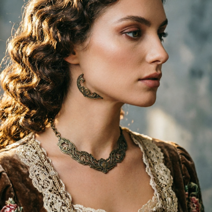 Profile portrait of a European woman under warm vintage lighting, wearing a velvet and lace dress with an antique metal carved necklace, intricate details, shape fitting the neck perfectly, blending seamlessly with retro aesthetic, high-definition portrait