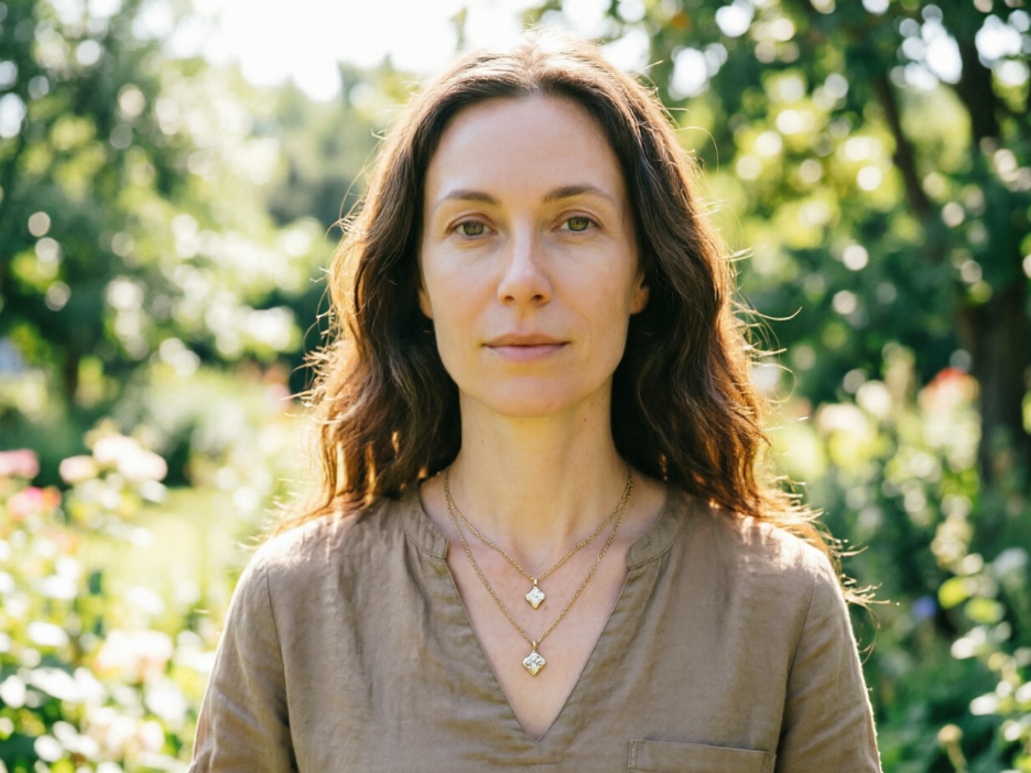 Half-body portrait of a European woman in a sunlit garden, wearing a casual V-neck top with double-layer gold chain necklaces featuring diamond-shaped pendants, clear layering, lighting naturally following outdoor sunlight, realistic and harmonious effect, 4:3 aspect ratio