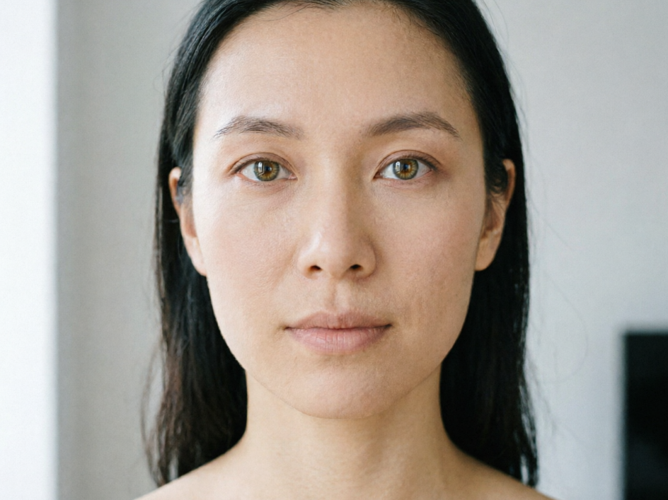 Frontal portrait of an East Asian woman under soft indoor light, natural dark brown irises, soft facial features, original high-definition portrait, 4:3 aspect ratio