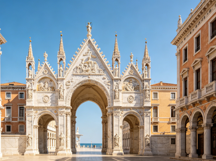Photograph of a European classical building panorama, Gothic arch and square under a blue sky, neat architectural lines and rich details, high-definition realistic landscape, 4:3 aspect ratio