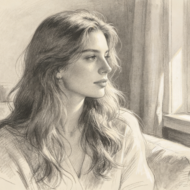 Portrait of a European woman with long hair by the window, soft side light and home atmosphere, converted to light-toned sketch style with soft grey strokes, gentle lines, preserving the light and mood, natural and cohesive