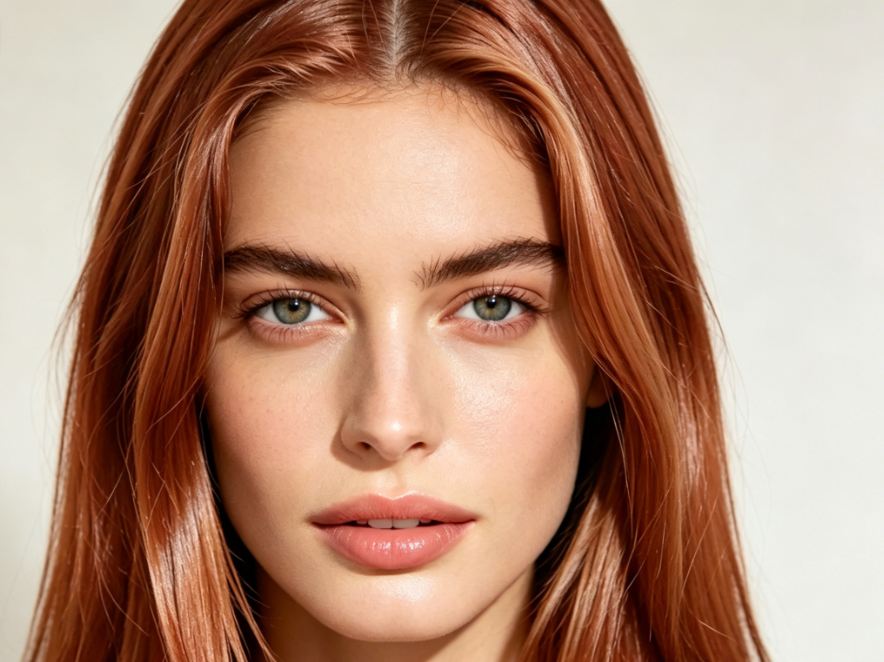 Frontal half-body portrait of a European woman with soft indoor lighting, light solid background, straight hair with soft and translucent strawberry blonde color, natural red-gold undertones, shiny hair texture, brightened skin tone, realistic overall texture, high-definition realistic portrait, 4:3 aspect ratio