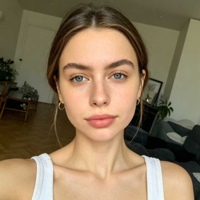 Studio portrait of a European woman with frontal lighting, simple outfit, high-definition photo with refined jawline, defined contours, enhanced facial three-dimensionality, smooth light and shadow transitions, realistic natural style