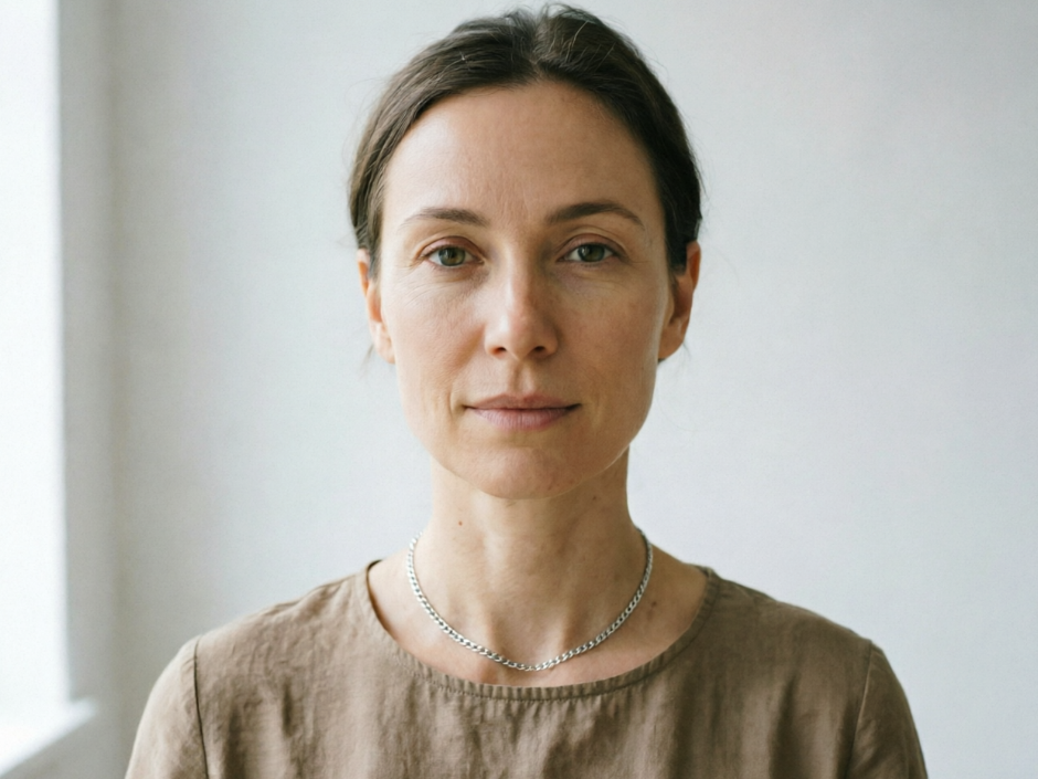 Frontal portrait of a European woman under soft indoor light, wearing a casual crew-neck top with a minimalist silver Cuban link necklace fitting the neckline, soft metallic sheen, understated and versatile style, high-definition portrait, 4:3 aspect ratio