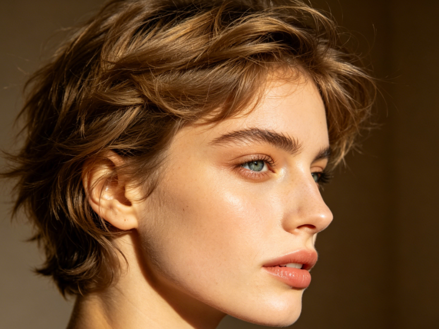 Side profile close-up of a European woman, indoor warm side lighting, natural light brown short hair with fluffy texture, simple makeup, original high-definition portrait, 4:3 aspect ratio