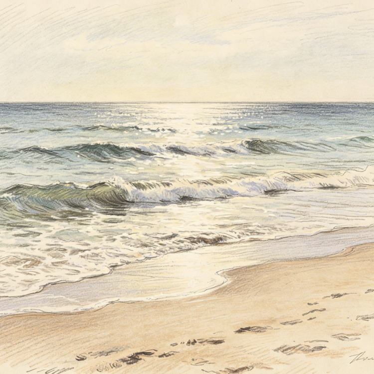Photograph of a beach landscape with sea and sand under bright natural light, converted to freehand sketch style with loose and natural lines, detailed texture of waves and sand, artistic hand-drawn feel