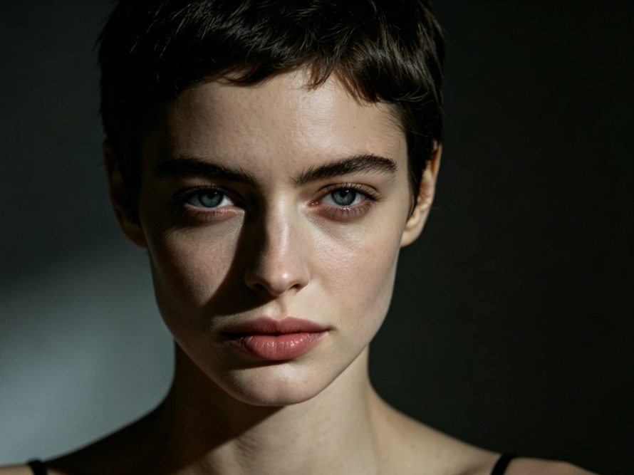 The same studio portrait with AI deep sad filter applied, melancholic eyes, low-spirited expression, subtle and restrained mood, smooth facial features, realistic style, 4:3 aspect ratio