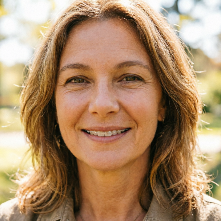 Frontal portrait of a European woman smiling under outdoor natural light, wearing clear ceramic braces with thin, discreet brackets that fit the dental arch, translucent material harmonizing with the natural style, high-definition portraitFrontal portrait of a European woman smiling under outdoor natural light, wearing clear ceramic braces with thin, discreet brackets that fit the dental arch, translucent material harmonizing with the natural style, high-definition portrait