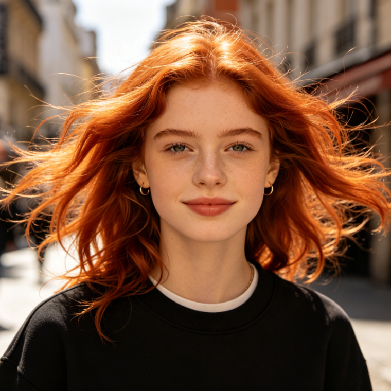 Street-style candid photo of a young Caucasian girl, original black hair transformed into vibrant copper-red by AI Light Auburn Hair Filter, showing bright and lively hair in sunlight, casual and energetic vibe, 4:3 ratio
