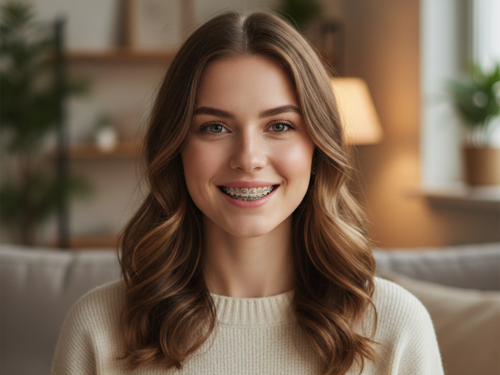 Frontal half-body portrait of a European woman in a cozy home setting with warm indoor light, wearing a casual knit sweater and smiling, with semi-invisible ceramic braces that fit the dental arch, translucent and fine material, lighting naturally blending with the face, high-definition portrait, 4:3 aspect ratio