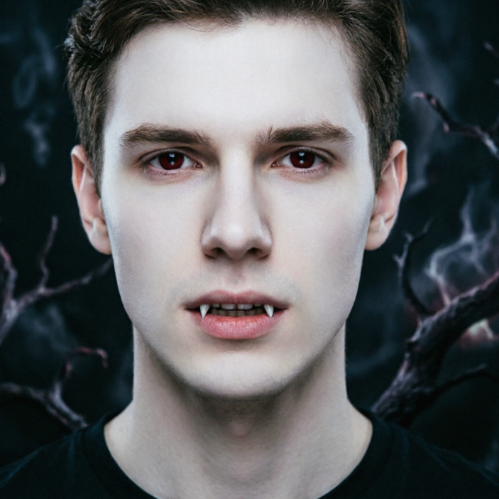 Frontal portrait of a European man with a dark background, matte pale skin, deep red eyes, clear fangs, cool and sophisticated lighting fitting the dark atmosphere, high-definition portrait