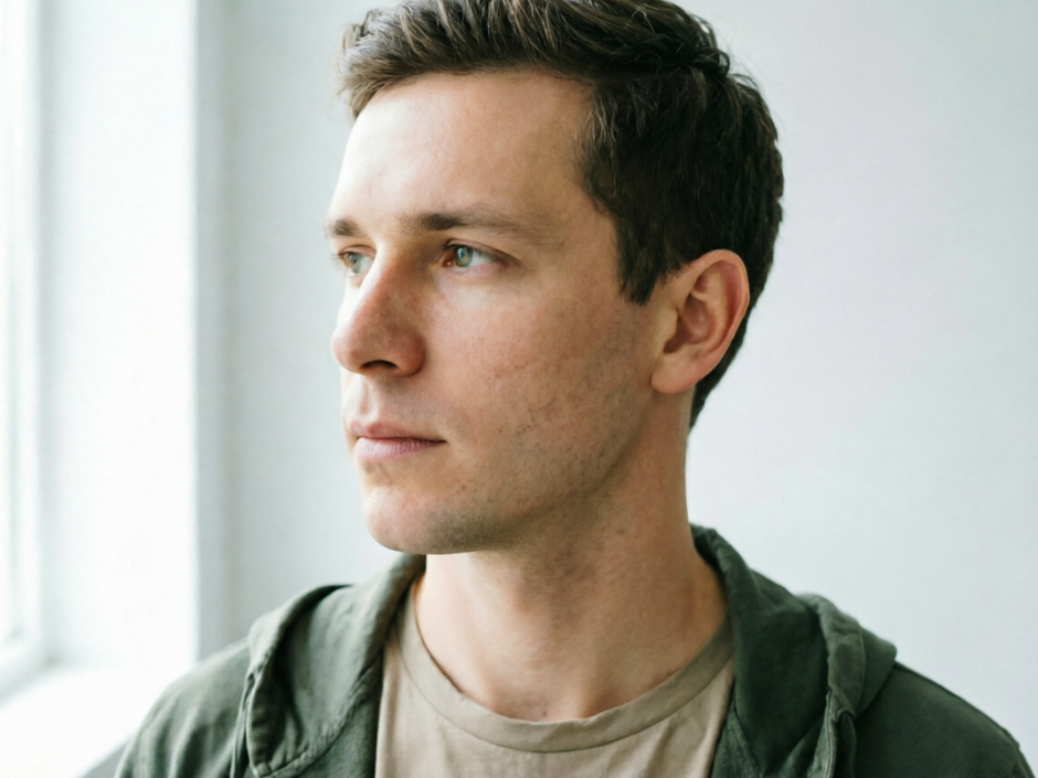 Profile close-up of a European man, natural light by indoor window, short hair with clean-shaven face, original high-definition portrait, 4:3 aspect ratio