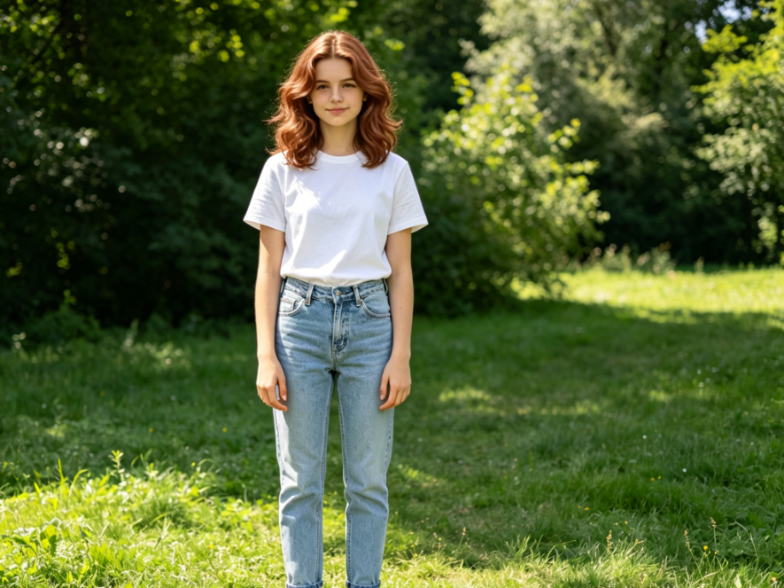 Full-body outdoor portrait of a European teenage girl in natural sunlight, wavy shoulder-length hair with strawberry blonde color, soft and sweet tone, even color transition, preserved curly texture and natural light, full of atmosphere, fresh realistic style, 4:3 aspect ratio