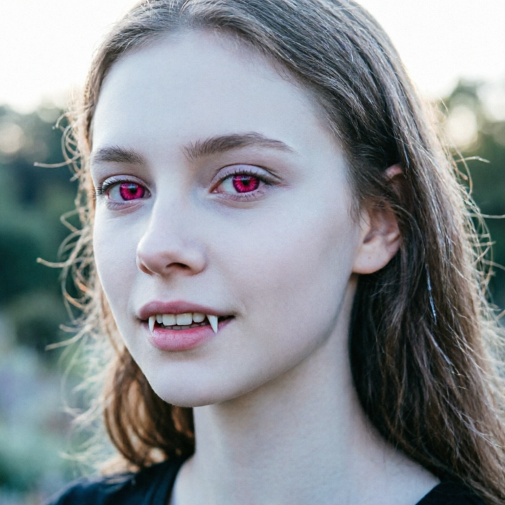 Outdoor portrait of a European teenage girl in soft daylight, pale translucent skin, magenta eyes, small fangs, a mix of cool and soft tones combining youthful charm with eerie allure, high-definition portrait
