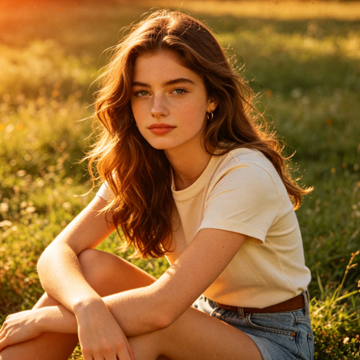 1980s American retro-style outdoor portrait of a girl on a grassy field, warm afternoon light, orange-toned color palette, strong vignetting, retro film noise, soft vintage lighting, replicating 1980s American film portrait texture