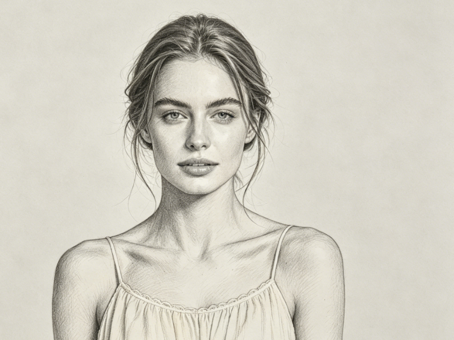 The same portrait with AI pencil sketch filter applied, smooth and delicate lines, preserving facial contours and light and shadow layers, realistic hand-drawn style, 4:3 aspect ratio