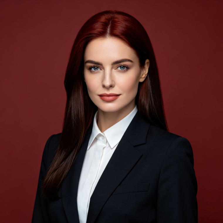 Professional studio headshot of a Caucasian woman in business suit, original dark brown straight hair transformed into muted matte reddish-brown by AI Low-Saturation Auburn Hair Filter, low-key and elegant, under cool studio lighting, 4:3 ratio photo