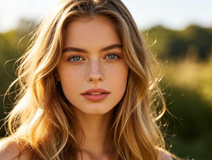 Backlit outdoor half-body portrait of young Caucasian girl, long hair, soft natural light, clean background, clear image, 4:3 aspect ratio