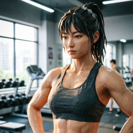 Asian woman working out in gym, half-body portrait with high ponytail and sports bra, PS2 low-poly game style, defined muscle lines, natural light