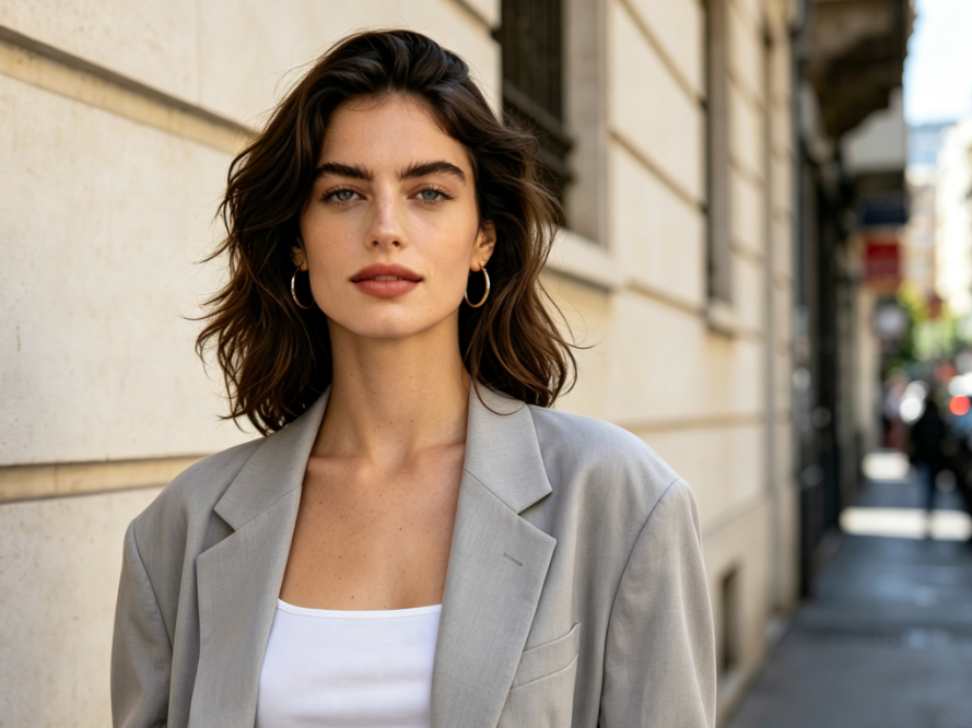 Street portrait of Caucasian woman, wearing light gray oversized blazer and white camisole, daytime natural light, casual street style, 4:3 aspect ratio