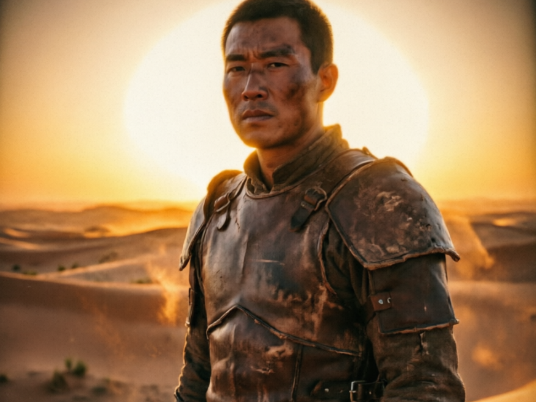 Half-body portrait of Asian male desert warrior in worn leather armor, PS2 retro game lighting effect, warm sunset backlight, desert background, 4:3 aspect ratio