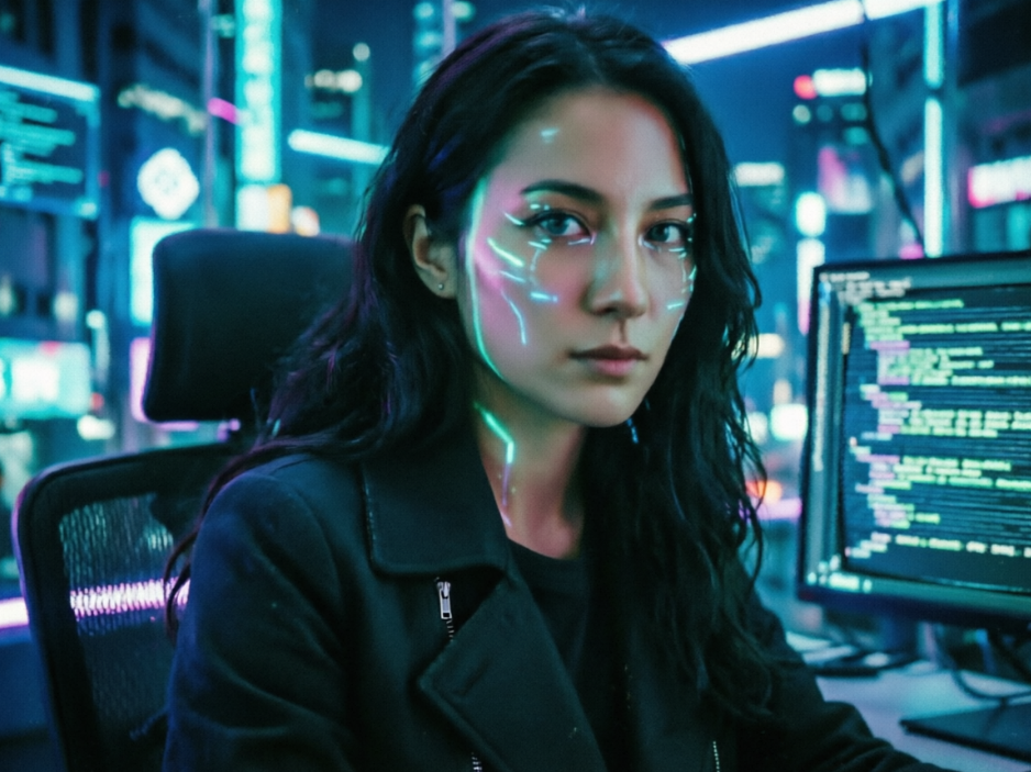 Half-body cyberpunk portrait of Asian woman in black leather jacket, with neon projection on face, hacker look at computer, city night background, 4:3 aspect ratio