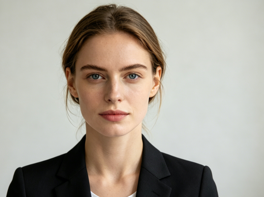 Front headshot of Caucasian woman against solid background, wearing tailored black blazer over white T-shirt, professional ID photo style, 4:3 aspect ratio