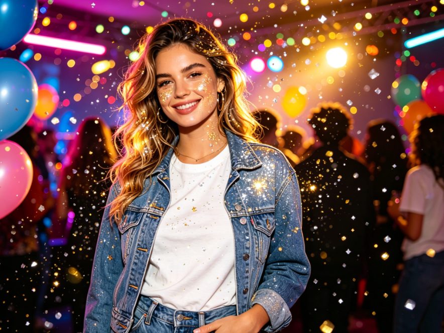 Caucasian female model at party half-body portrait with gold and silver glitter effect, sequins on hair, face and background, festive atmosphere, 4:3 aspect ratio