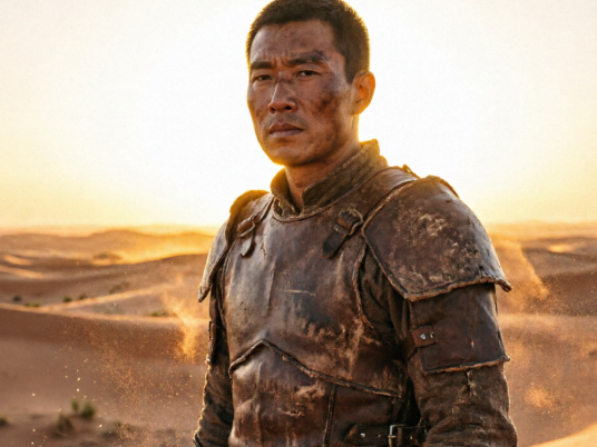 Half-body portrait of Asian male desert warrior in worn leather armor, warm sunset backlight, desert background, clear image, 4:3 aspect ratio