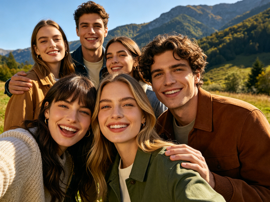 Outdoor group photo in the mountains, faces are clear and unobscured with bright natural light