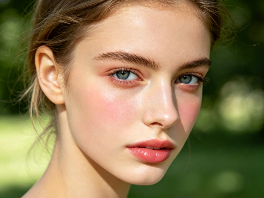 Young Caucasian female model with AI peach makeup filter, pink blush, peach lip gloss, bright eye makeup, sweet and fresh style, natural beauty effect, outdoor setting with blurred green background, natural daylight, 4:3 aspect ratio