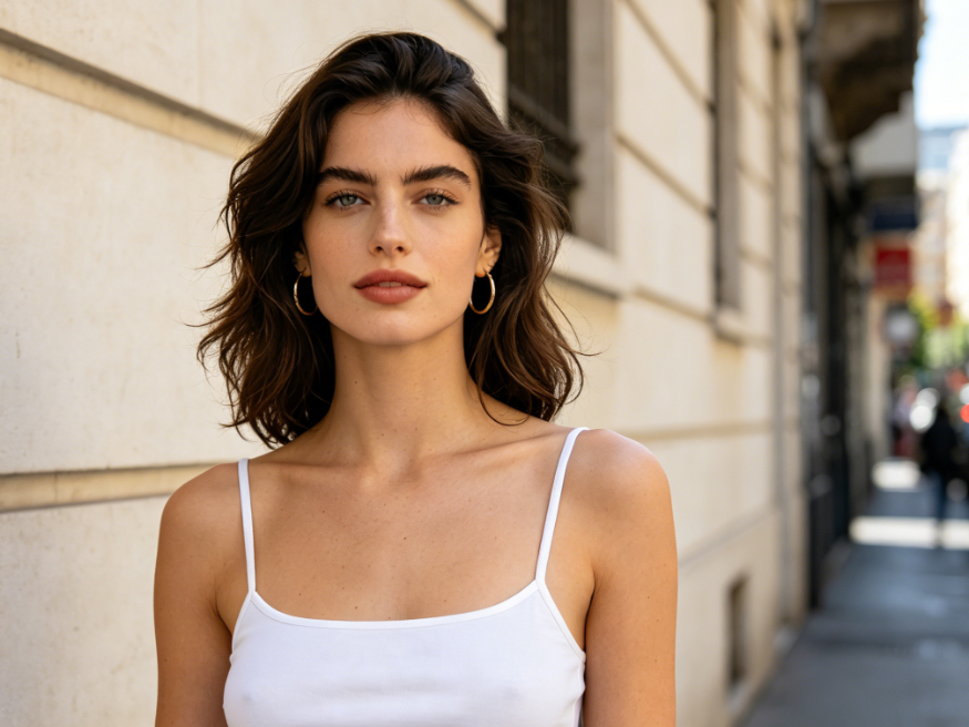 Street portrait of Caucasian woman, wearing simple white camisole, daytime natural light, light-colored wall background, clear image, 4:3 aspect ratio
