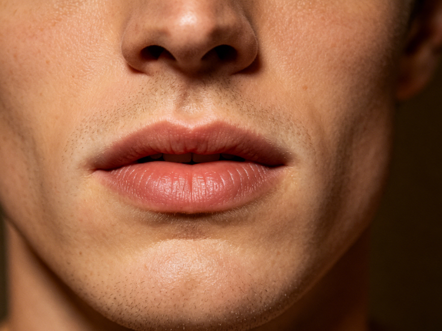 Close-up of a European man's lips and jaw under warm indoor light, clean-shaven face with clear skin texture, original high-definition shot, 4:3 aspect ratio