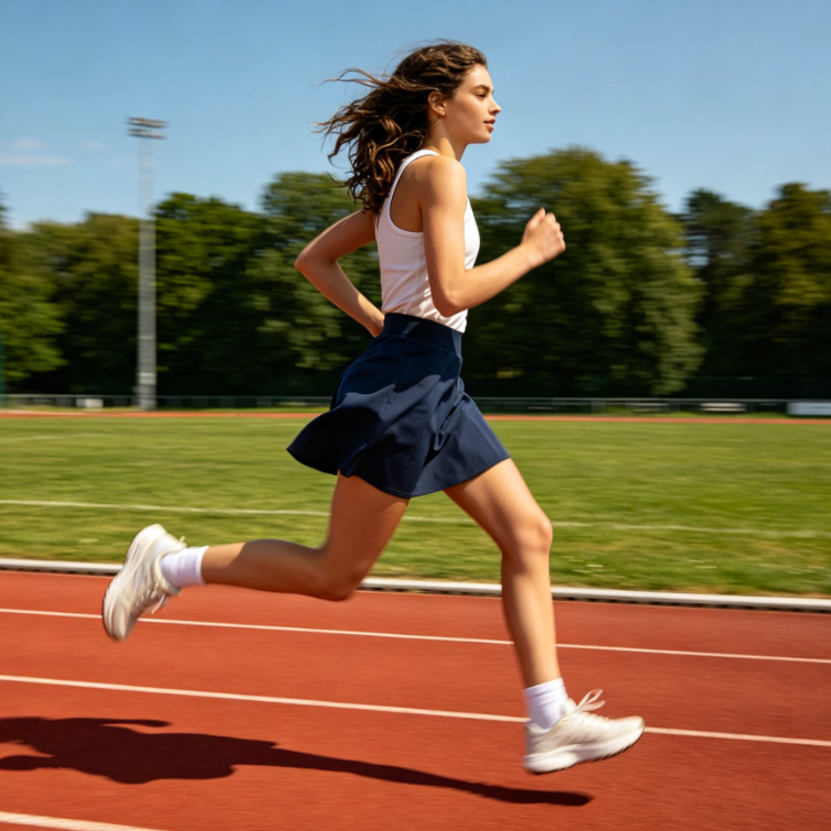 Running portrait with low-intensity motion blur, natural trailing on limbs and skirt, clear outline, strong sense of speed