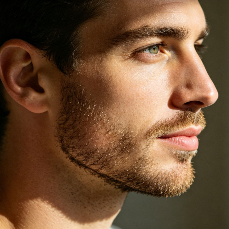 Studio business portrait of a European man with directional lighting and formal suit, wearing neat vintage handlebar moustache with delicate texture, elegant and understated style