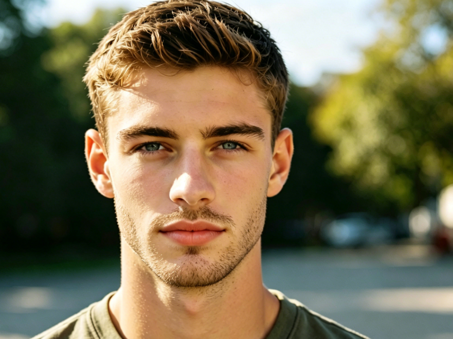 Frontal portrait of a young European man outdoors under soft daylight, wearing a casual T-shirt with mixed gradient beard (upper lip stubble + jaw stubble), stylish and trendy look, color matching hair tone, casual and sunny vibe, 4:3 aspect ratio