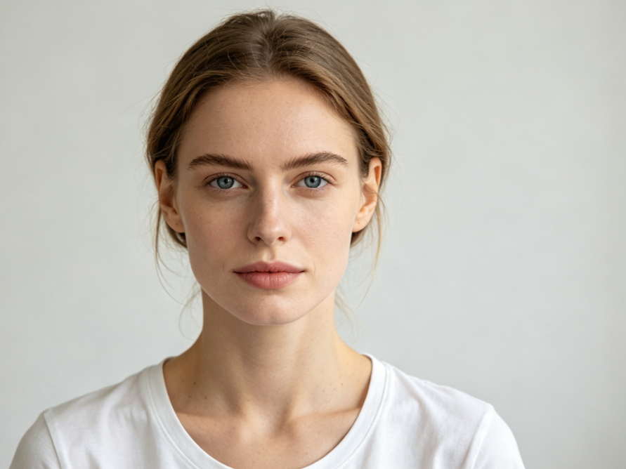 Front headshot of Caucasian woman against solid background, light makeup, wearing white T-shirt, clear image, 4:3 aspect ratio